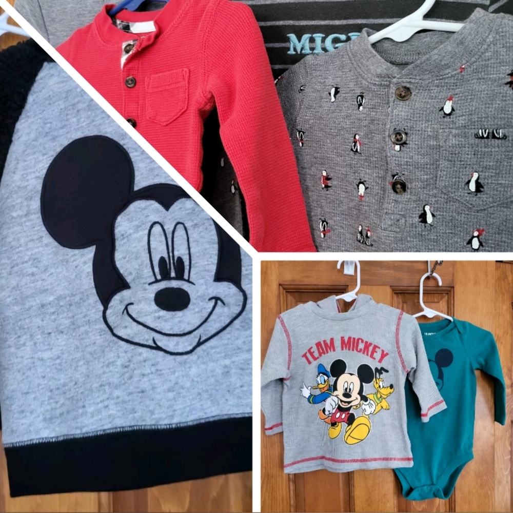 Lot of 8 Disney 12-18 & 18 mo Mickey Hoodies Tops Thermal One Piece Variety